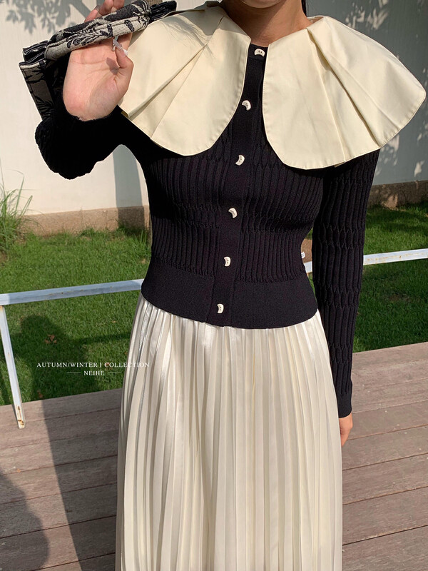 【NEIHE】Large Doll Collar Knit Slim Fit Cardigan Knit Sweater (Removable Doll Collar) 6038# JHY