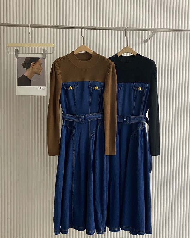 Autumn is new! [MI2 (N: AA)] fake two-piece color matching slim dress (with belt) E9491# JJ