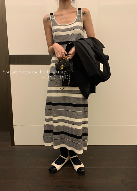 New in early autumn!【ONE TIME】Striped Contrast Vest Korean Dress OT7030# JHY