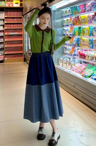 Real shot denim skirt women's 2022 autumn large size new retro blue stitching high waist slim A-line umbrella skirt