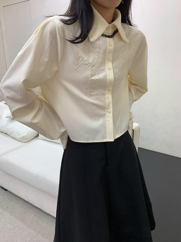 【NEIHE】Wool knitted collar stitched embroidered shirt shirt 6150# JHY