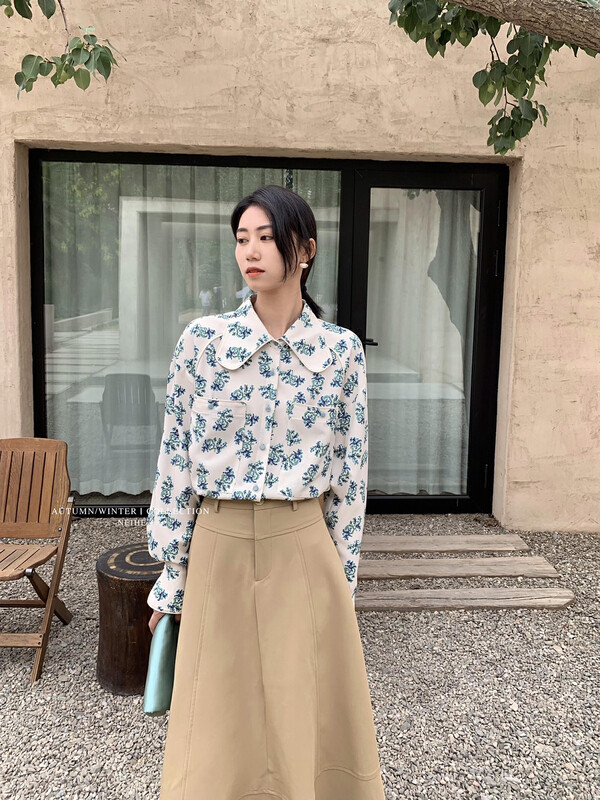 【NEIHE】Irregular floral long-sleeved shirt shirt 6155# JHY