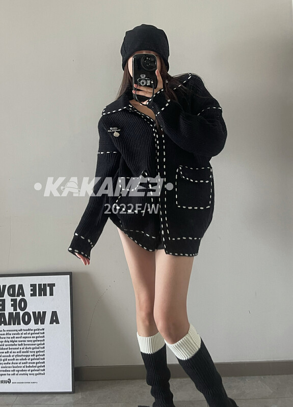 【KAKAMEE】Heavy craftsmanship hand-stitched small fragrance contrasting line thick sweater jacket sweater does not pick people, looks thin and versatile temperament N1878