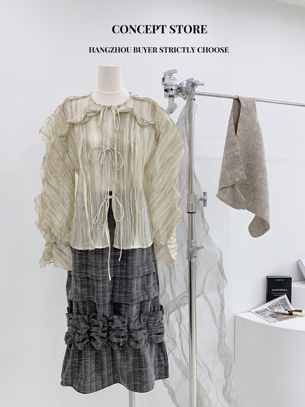 Autumn models are new! [Concept Store - Object Reverse] Niche Design Lace-Up Button-Up Shirt LVP-301# CHO