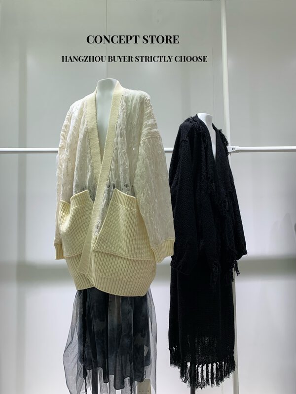 Autumn is new! [Concept Store - Object Reverse] Heavy industry stitching lace mid-length knitted cardigan (including 69% wool) ZSYL-661G728# CHO