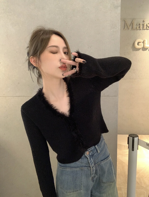 【SAVAGE】Versatile V-neck stitched raw edge knitted cardigan S1191# WPL