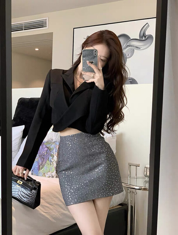 【SAVAGE】French hot girl style high waist stitching sequin skirt S1123# WPL