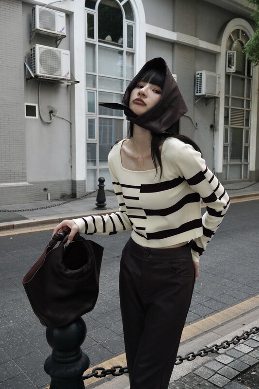 【NEIHE】Square Neck Colorblock Striped Long Sleeve Knit Sweater 88083# JHY