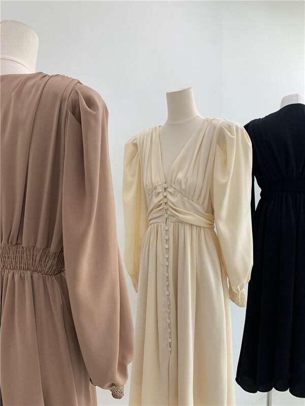 Autumn is new! [Concept Store - Object Reverse] Puff Sleeve V-Neck Solid Color Dress DVD-DF1014# CHO