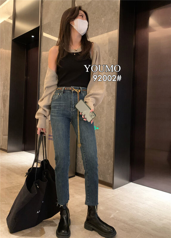 New autumn and winter! [Su Xinlan/YOUMO] Design sense of retro straight slim jeans (with waist rope) 92002# LSL