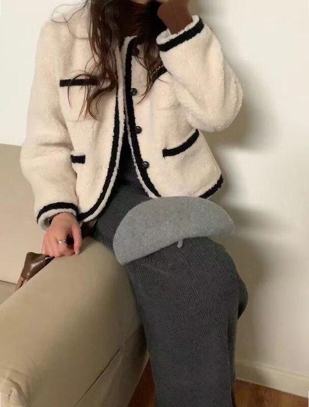 【M.ZI STUDIO】Temperament round neck contrast color short coat 12129# HBX