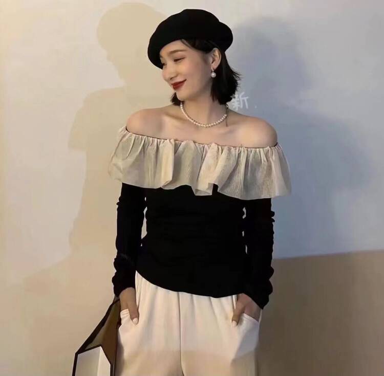 Original price 48.50! New in autumn! [I-D] Korean version of all-match temperament lace one-shoulder shirt Y8395# L