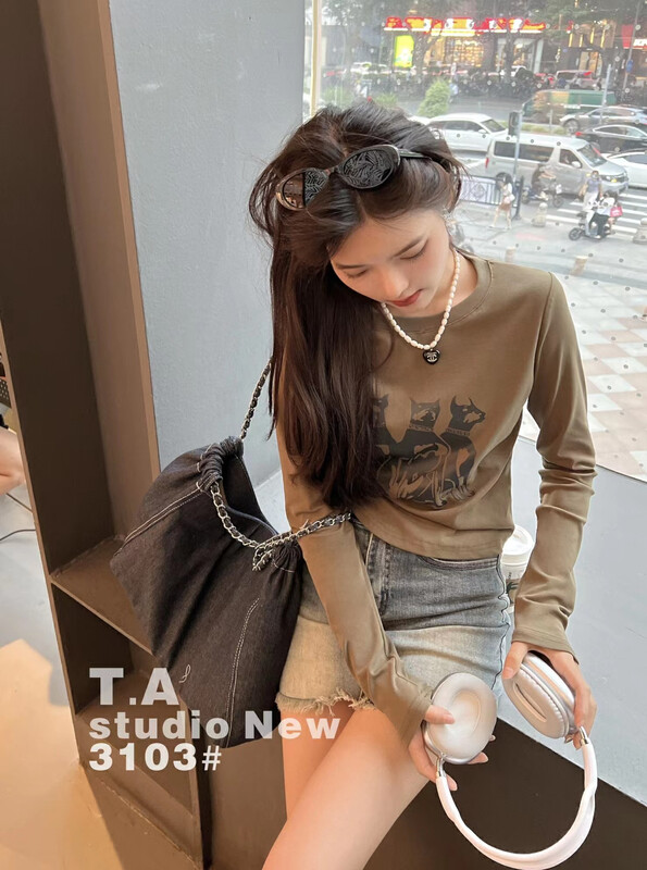 New in autumn! [TA+] round neck colorblock print bottoming shirt 03103# L