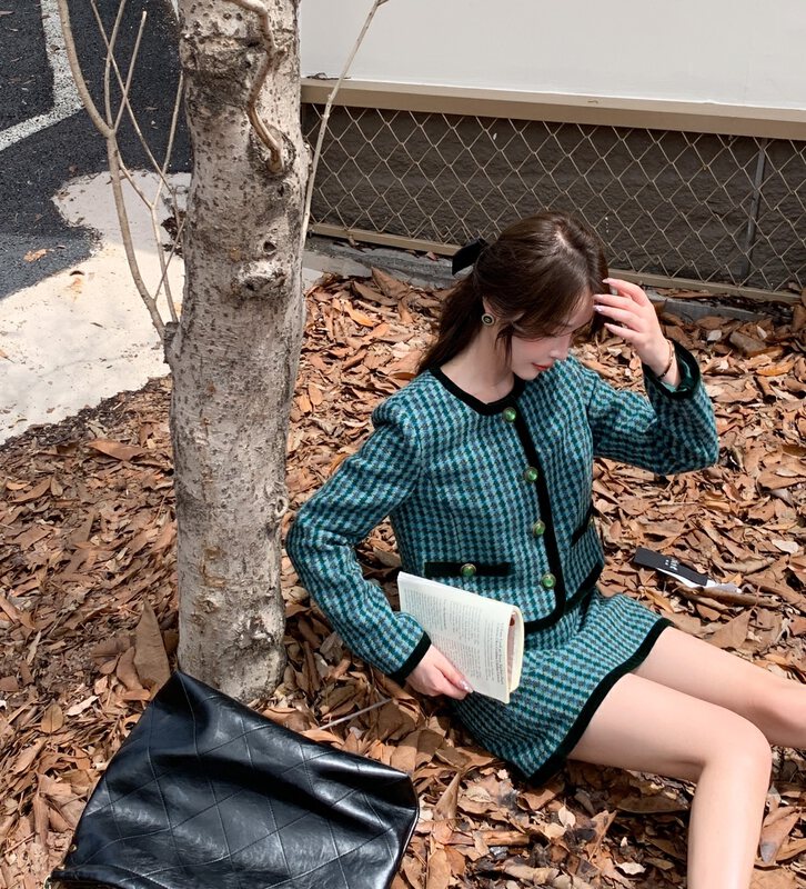 【MI2(N:AA)】Round Neck Plaid Jacket + Elegant Skirt Suit E9507# JJ