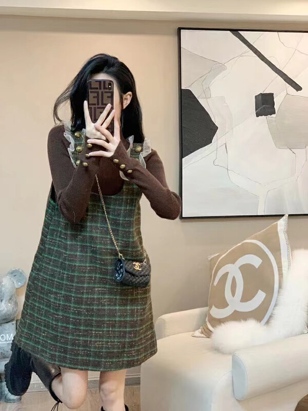 【MI2(N:AA)】High neck all-match knitted sweater + lace plaid skirt suit E9081-1# JJ