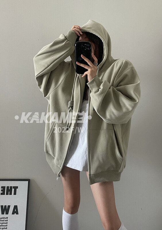 [KAKAMEE] 2022 new Korean style lazy sweater zipper hooded jacket jacket plus velvet thickening loose casual all-match 8022
