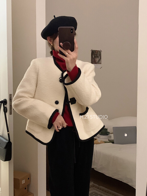 New in winter! [M.ZI STUDIO] French retro fashion breasted color-blocking short coat 12105# HBX