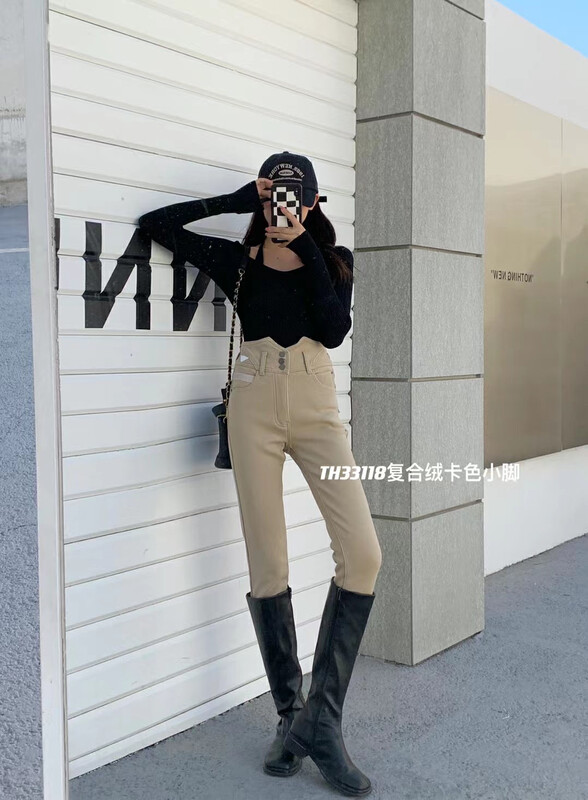 Original price 84.60! [T.H] Thickened and velvet high waist skinny jeans 331180# LSW