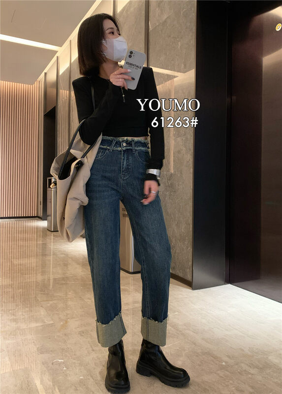 Autumn and winter new style!【Suxinlan/YOUMO】Rolling Western-style wide-leg straight jeans 61263# LSL