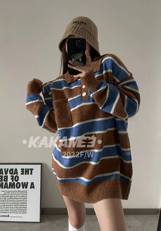 Original price 104.99! [KAKAMEE] high-end design color-blocking polo collar striped sweater sweater 1807
