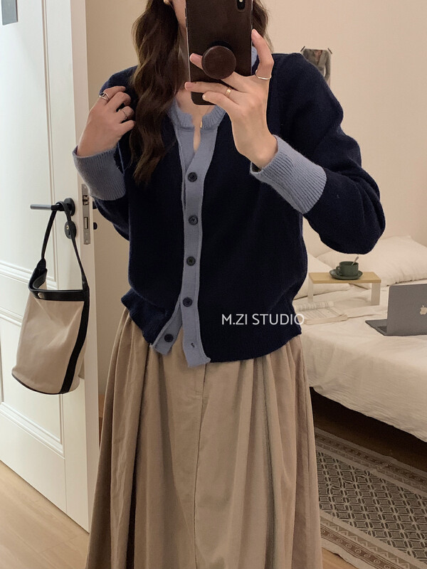 【M.ZI STUDIO】Versatile Colorblock Casual Knit Cardigan 0073# HBX