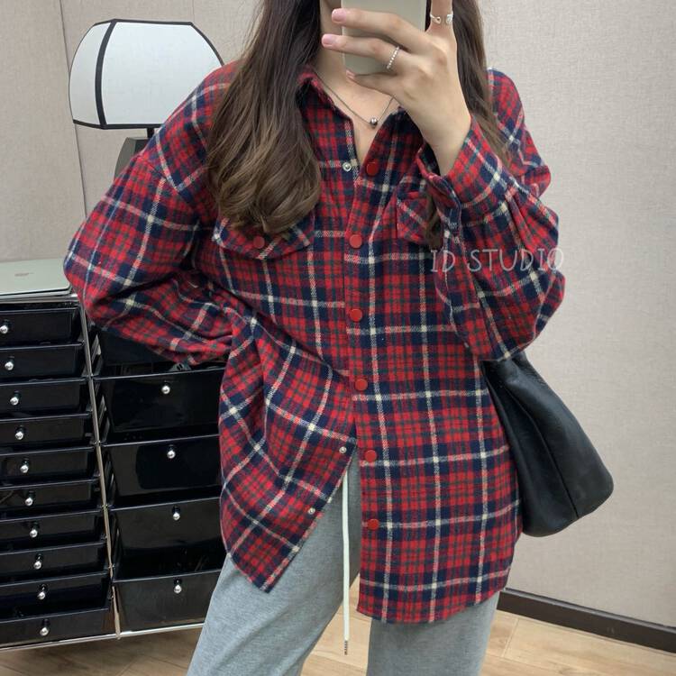 New in winter! [I-D] Korean version of all-match thickened brushed plaid shirt R2008# L