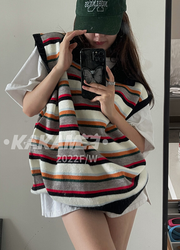 [KAKAMEE] American retro contrast color striped sleeveless knitted vest loose and casual design sense niche 1871