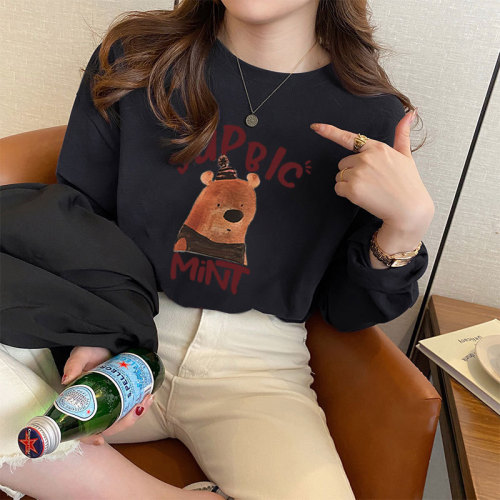 Official picture net price 200g rear bag early autumn new cotton all-match cartoon printing long-sleeved T-shirt women