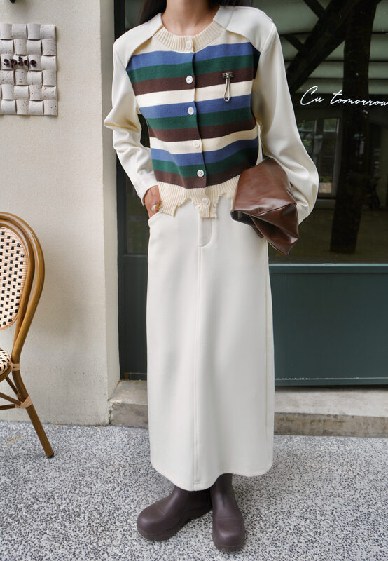 【NEIHE】Knitted back slit cotton skirt straight skirt skirt 6289# JHY