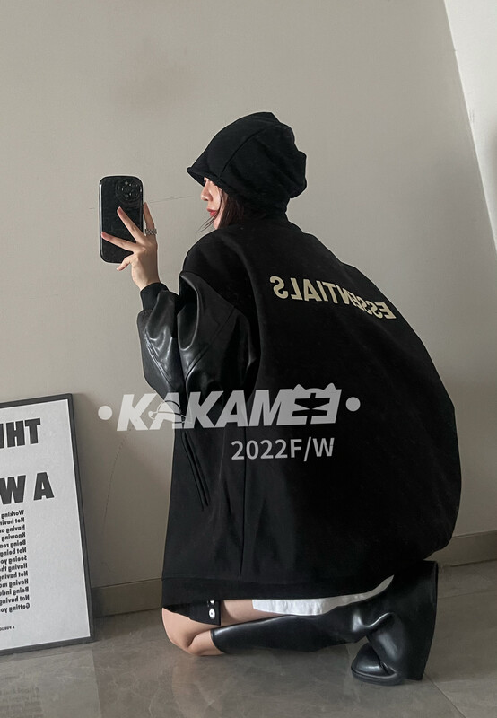 【KAKAMEE】American fashion brand letter printing pu leather stitching jacket short jacket (padded loose and casual all-match) S807# CQW