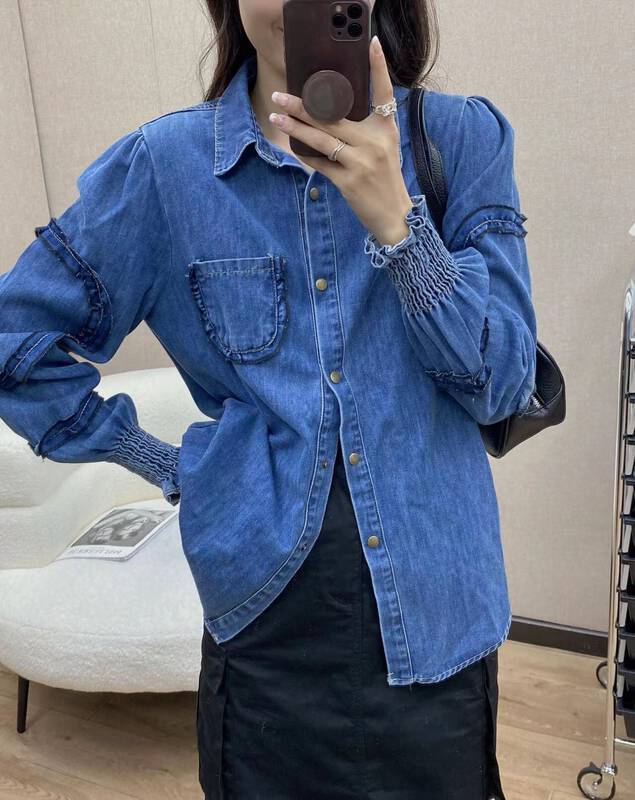 New in winter!【I-D】Korean Versatile Lace Denim Shirt 5026-1# L