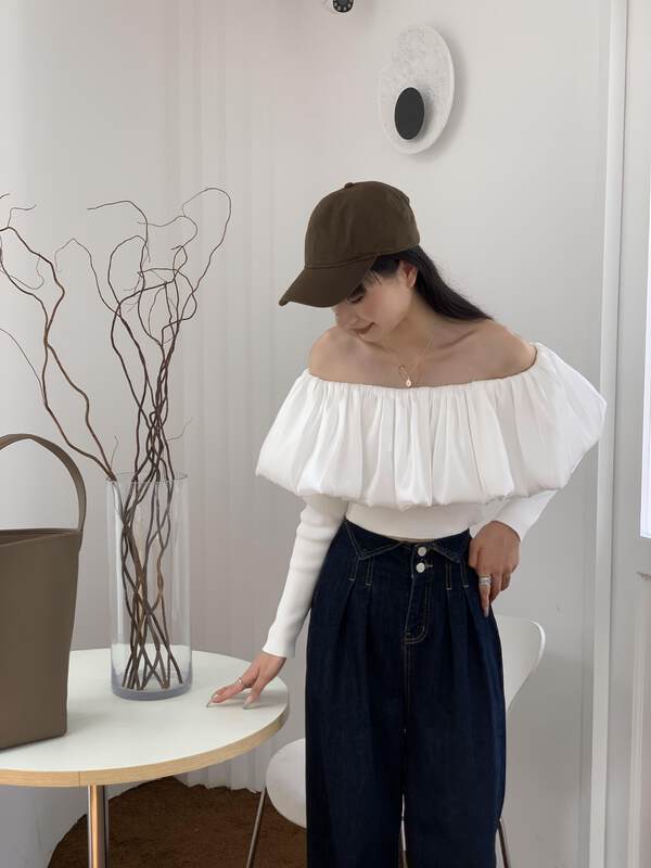 【NEIHE】French style neckline stitched long-sleeved knitted sweater knitted sweater 88098# JHY