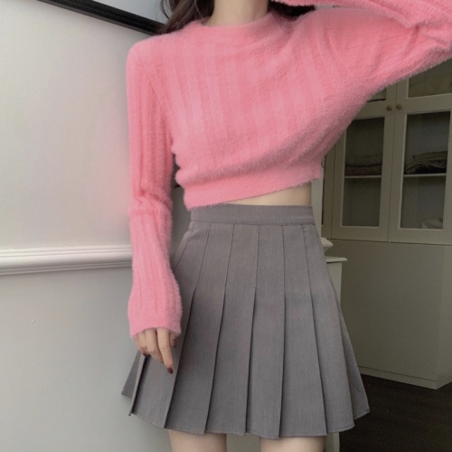 Net Price Sweet and Waxy Mink Fur Long Sleeve Slim Knit Sweater Sweater Slim Short Navel Cropped Versatile Top