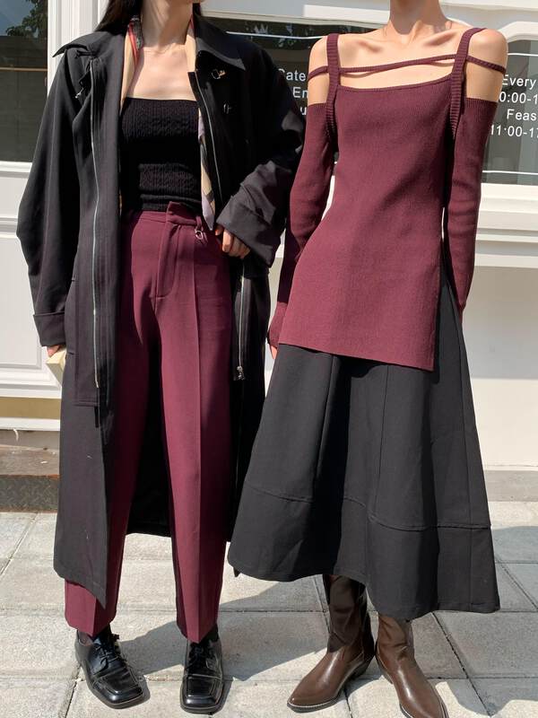 【NEIHE】Slim fit and slim side slit off-shoulder knitted sweater knitted sweater 88075# JHY