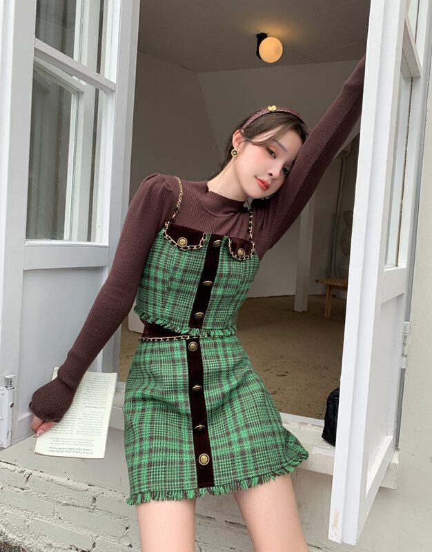 【MI2(N:AA)】Xiaoxiang Style Sling Vest + High Waist Skirt + Solid Color High Neck Suit A3526# JJ