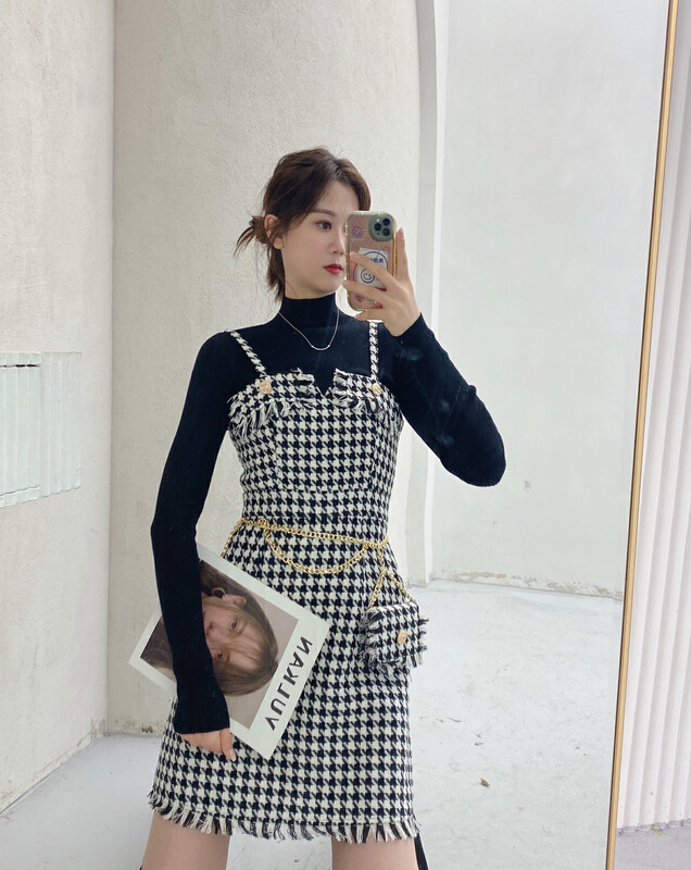 Autumn is new! [MI2 (N: AA)] Simple and versatile knitted sweater + plaid suspender skirt suit (with waist bag) A3500# JJ