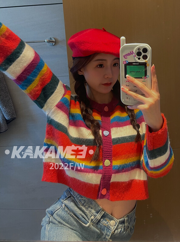 [KAKAMEE] Korean version of the rainbow striped design cardigan sweater knitted cardigan 1822