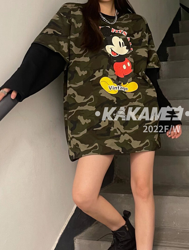 Original price 88.99! [KAKAMEE] Autumn Mickey Mouse Mickey print loose round neck fake two-piece sweater T-shirt sweater N65