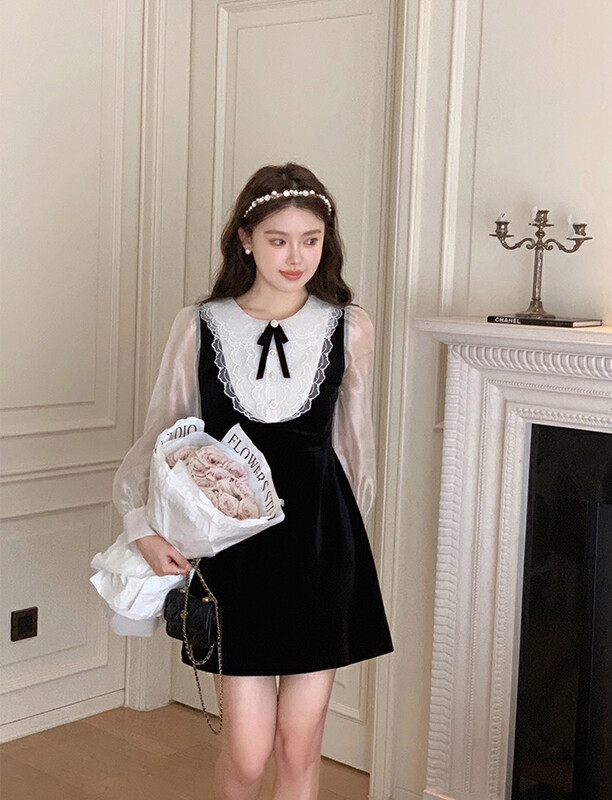 New for winter!  【SAVAGE】Vintage stitching lace doll collar waist dress S1092# WPL