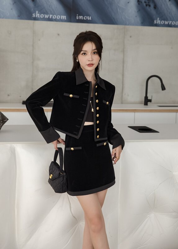 【MI2(N:AA)】Xiaoxiangfeng Heavy Industry Metal Button Short Jacket + High Waist Skirt Two Piece Suit B9486# JJ