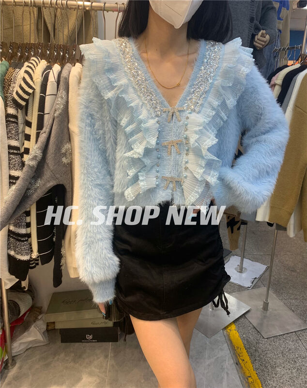 Autumn is new! [Korean C home] V-neck lace stitching warm sweater 22031# PCZ
