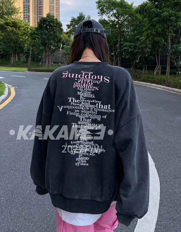 [KAKAMEE] 2022 new American retro style old washed letter printed sweater loose casual all-match S809