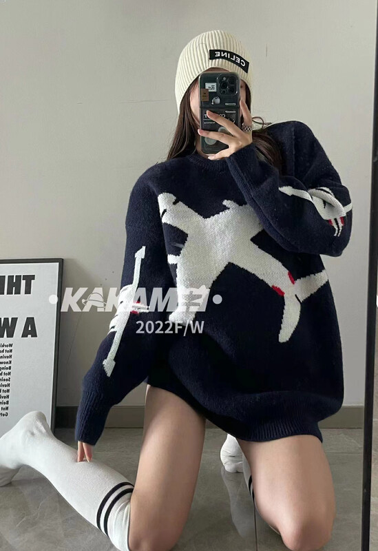 [KAKAMEE] American retro design aircraft jacquard arctic velvet large sweater sweater 5607