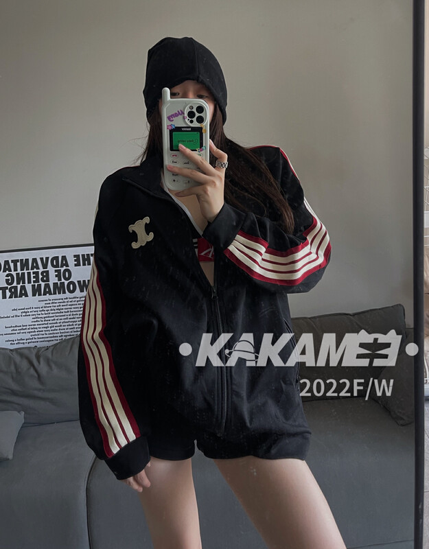 [KAKAMEE] Autumn's new American-style tide brand style contrast color webbing stitching jacket embroidery craft stand collar all-match loose S776