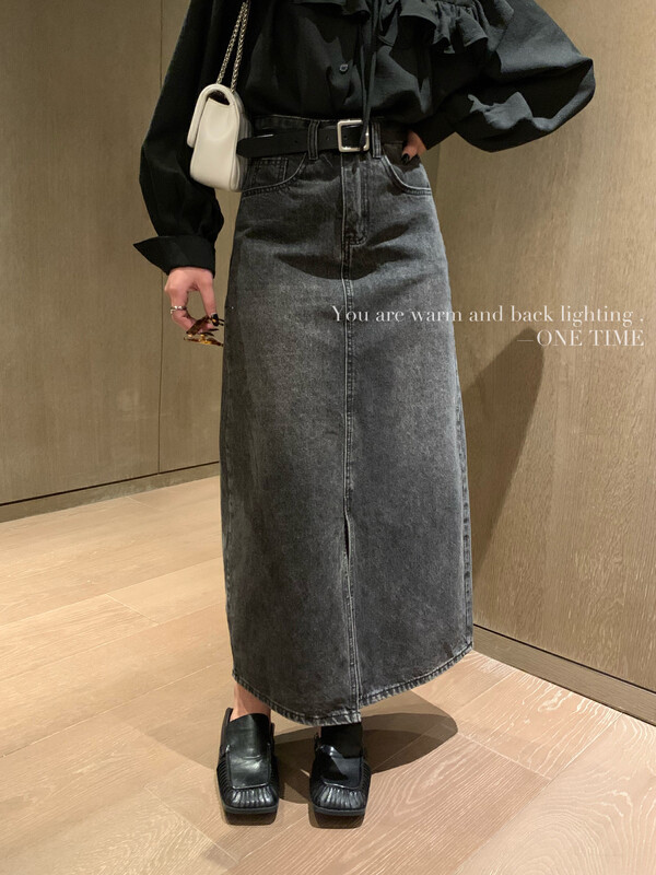 New in early autumn!【ONE TIME】Fashionable slim mid-length slit denim skirt OT7503# JHY