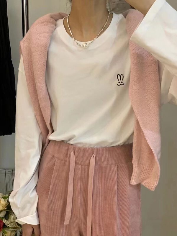New in winter! [M.ZI STUDIO] rabbit ears simple round neck long-sleeved T-shirt 3596# HBX