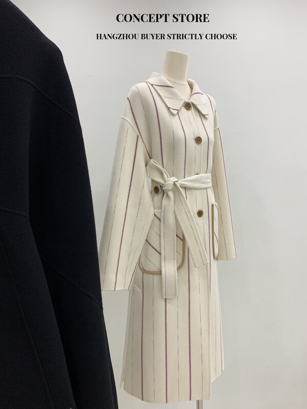 Autumn is new! [Concept Store - Object Reverse] Korean Style Vertical Striped Big Pocket Long Wool Jacket (with Belt) DMHS-9961# CHO