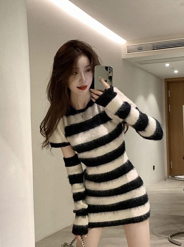 【SAVAGE】Contrast Stripe Slim Fit Puff Sleeve Dress (with Sleeves) S1158# WPL