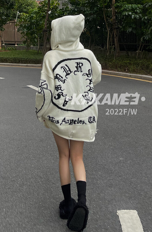 [KAKAMEE] High street style font jacquard craft hooded sweater loose and casual all-match thin 1902