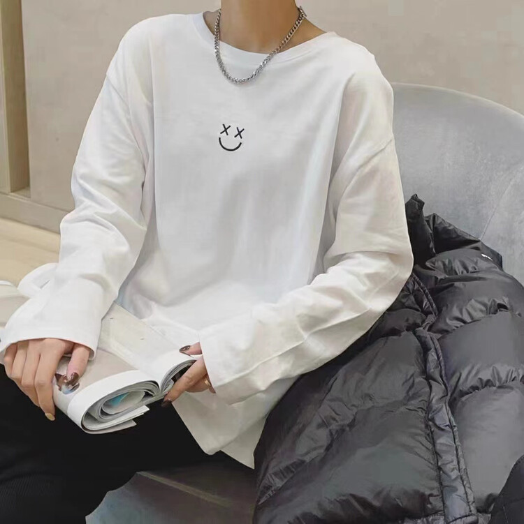 New in autumn! [TA+] Simple smiley embroidery loose long-sleeved T-shirt 6916# L